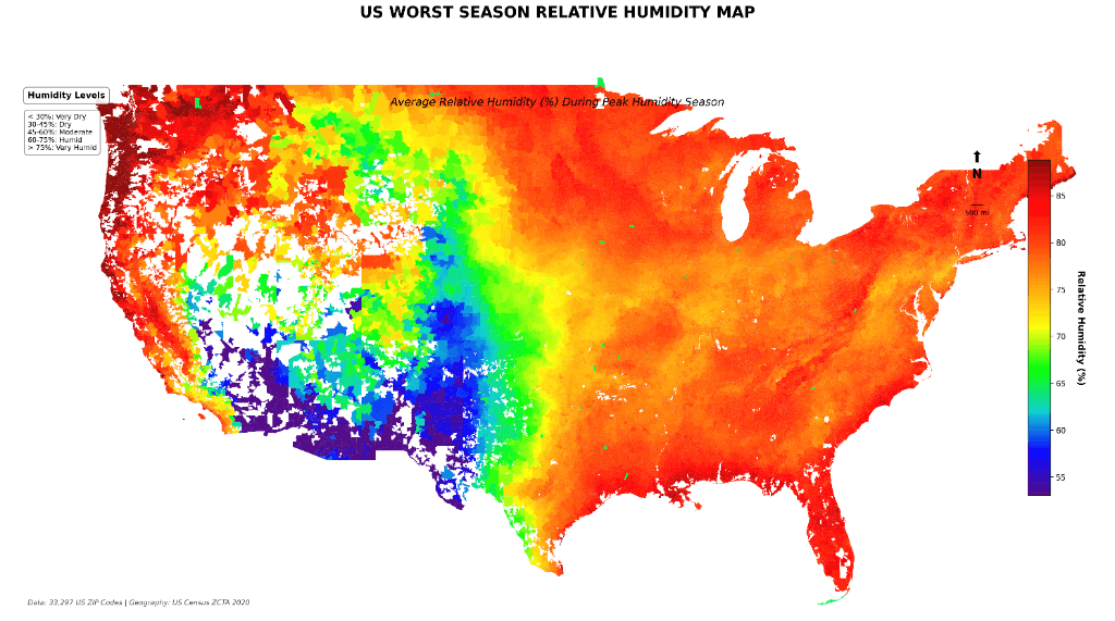 US Worst Season Relative Humidity Map